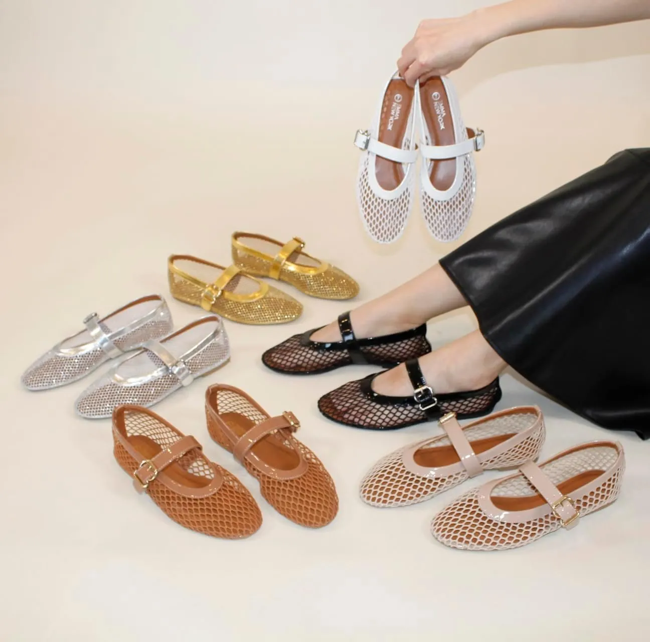 Women’s Mesh Ballet Flats – Fishnet Mary Jane Flats with Adjustable Buckle Strap, Breathable & Stylish Ballerina Shoes