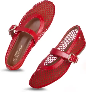 Women’s Mesh Ballet Flats – Fishnet Mary Jane Flats with Adjustable Buckle Strap, Breathable & Stylish Ballerina Shoes