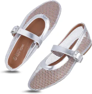 Women’s Mesh Ballet Flats – Fishnet Mary Jane Flats with Adjustable Buckle Strap, Breathable & Stylish Ballerina Shoes