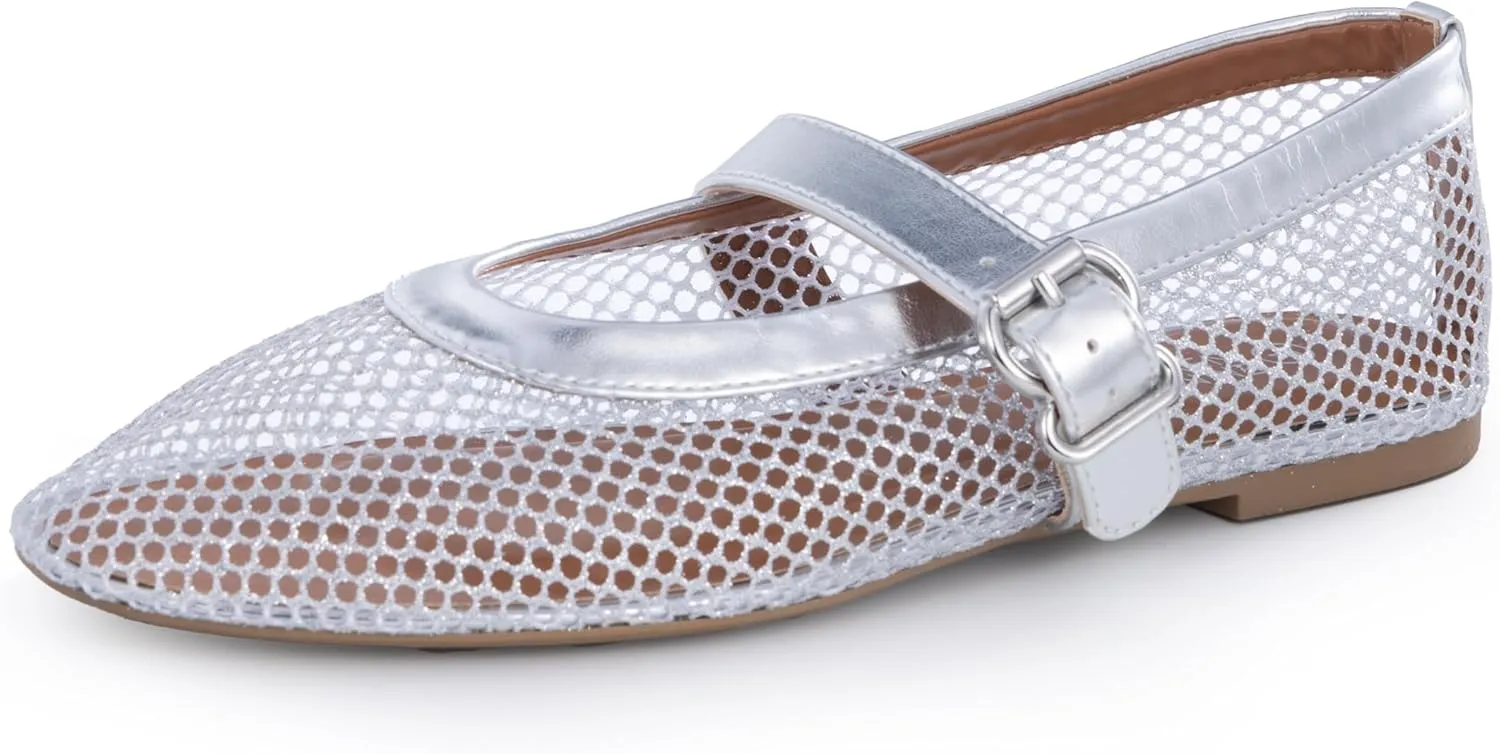 Women’s Mesh Ballet Flats – Fishnet Mary Jane Flats with Adjustable Buckle Strap, Breathable & Stylish Ballerina Shoes