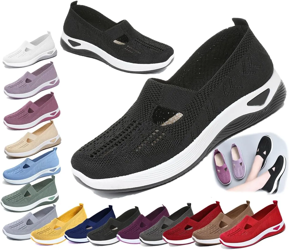 Women's Orthopedic Slip-On Shoes, Breathable Woven Comfort Sneakers with Arch Support, Soft Foam Sole for Walking, Non-Slip Casual Summer Shoes for