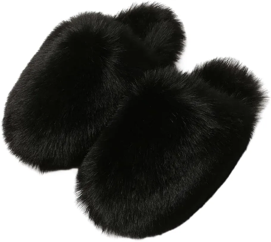 Women's Plush Faux Fur Slipper Slide Sandal Soft Furry Fuzzy Fluffy Lovely Indoor Outdoor Slip On Slippers Multicolor Winter House Shoes