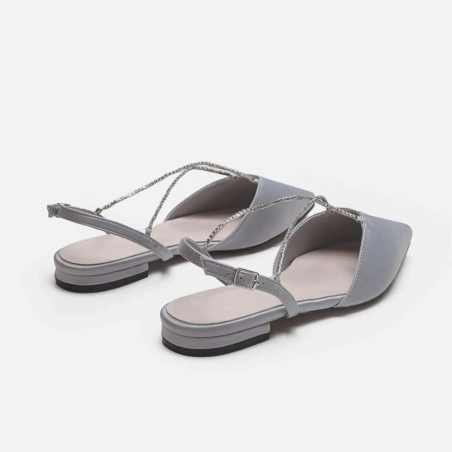 Womens Pointed Toe Slingback Crossing Crystal Chain Flats Shoes Satin Adjustable Ankle Strap Buckle Pumps Party Wedding Shoes