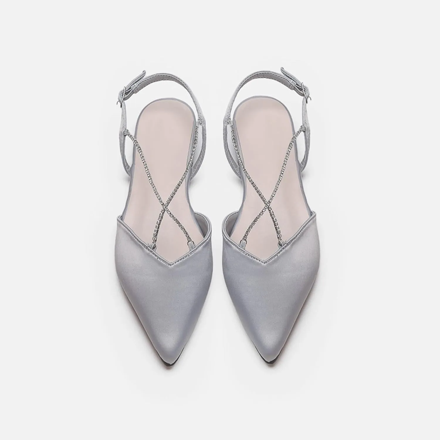 Womens Pointed Toe Slingback Crossing Crystal Chain Flats Shoes Satin Adjustable Ankle Strap Buckle Pumps Party Wedding Shoes