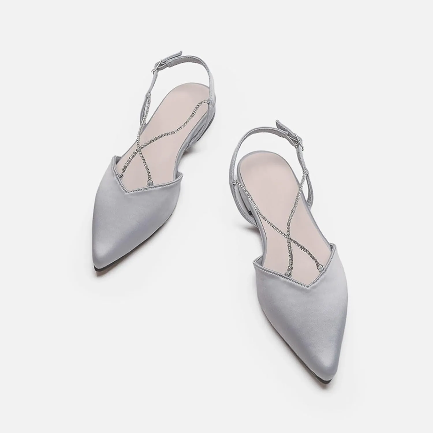 Womens Pointed Toe Slingback Crossing Crystal Chain Flats Shoes Satin Adjustable Ankle Strap Buckle Pumps Party Wedding Shoes