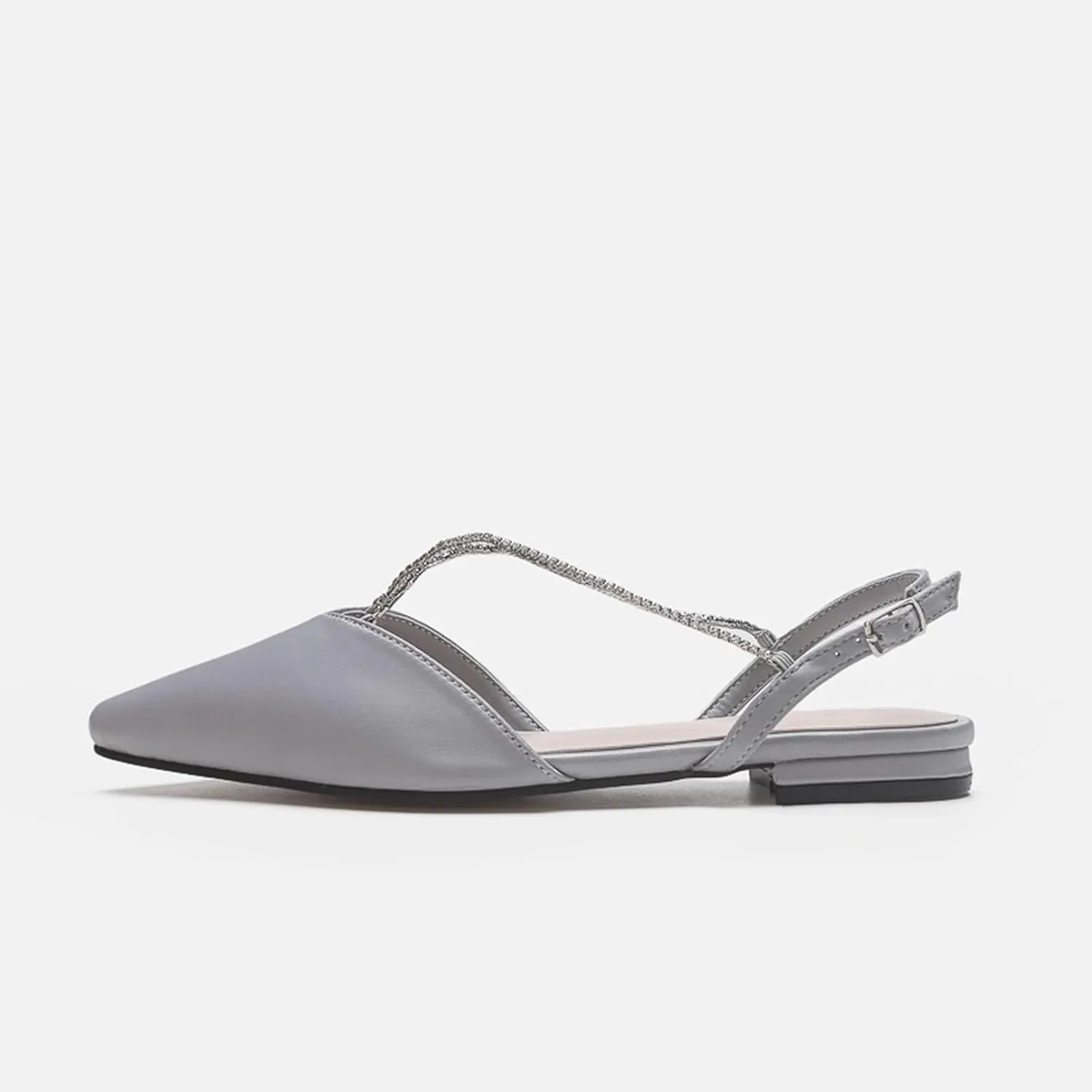 Womens Pointed Toe Slingback Crossing Crystal Chain Flats Shoes Satin Adjustable Ankle Strap Buckle Pumps Party Wedding Shoes