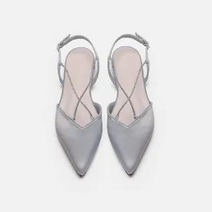 Womens Pointed Toe Slingback Crossing Crystal Chain Flats Shoes Satin Adjustable Ankle Strap Buckle Pumps Party Wedding Shoes