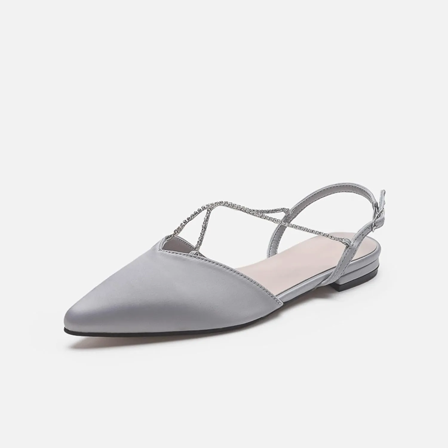Womens Pointed Toe Slingback Crossing Crystal Chain Flats Shoes Satin Adjustable Ankle Strap Buckle Pumps Party Wedding Shoes