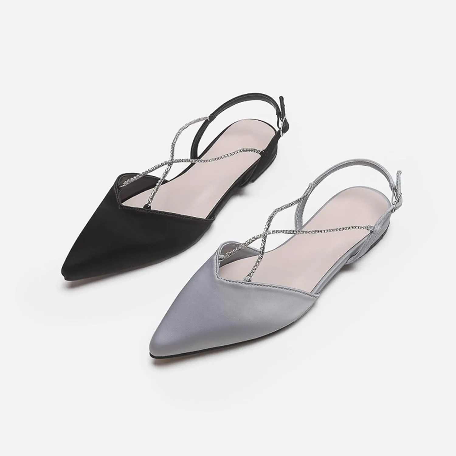 Womens Pointed Toe Slingback Crossing Crystal Chain Flats Shoes Satin Adjustable Ankle Strap Buckle Pumps Party Wedding Shoes