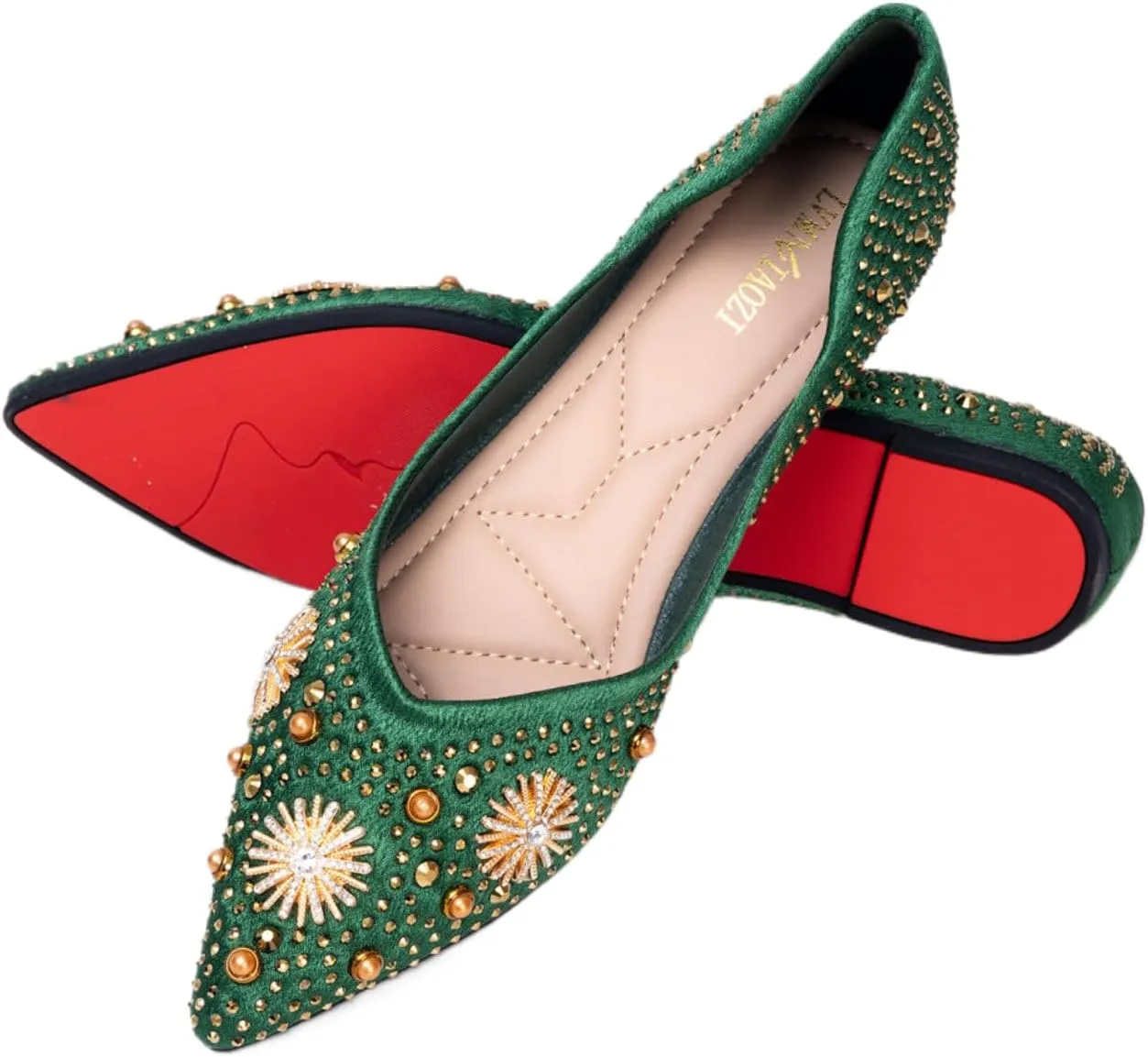Women's Rhinestone Flats Fashion Pointed Toe Pearl Diamond Low Heel Dress Wedding Flats Work Business Casual Flats Shoes