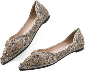 Women's Rhinestone Flats Fashion Pointed Toe Pearl Diamond Low Heel Dress Wedding Flats Work Business Casual Flats Shoes