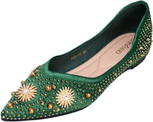 Women's Rhinestone Flats Fashion Pointed Toe Pearl Diamond Low Heel Dress Wedding Flats Work Business Casual Flats Shoes