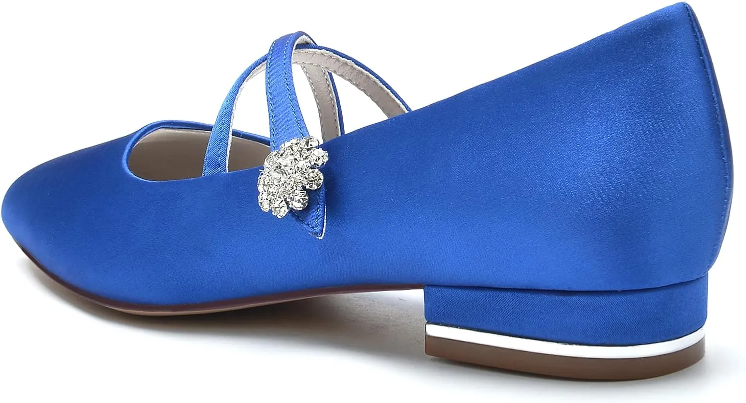 Women's Round Toe Crystal Flats Satin Comfortable Ballet Shoes Wedding Evening Party Flat Pumps