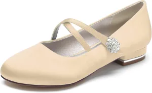 Women's Round Toe Crystal Flats Satin Comfortable Ballet Shoes Wedding Evening Party Flat Pumps