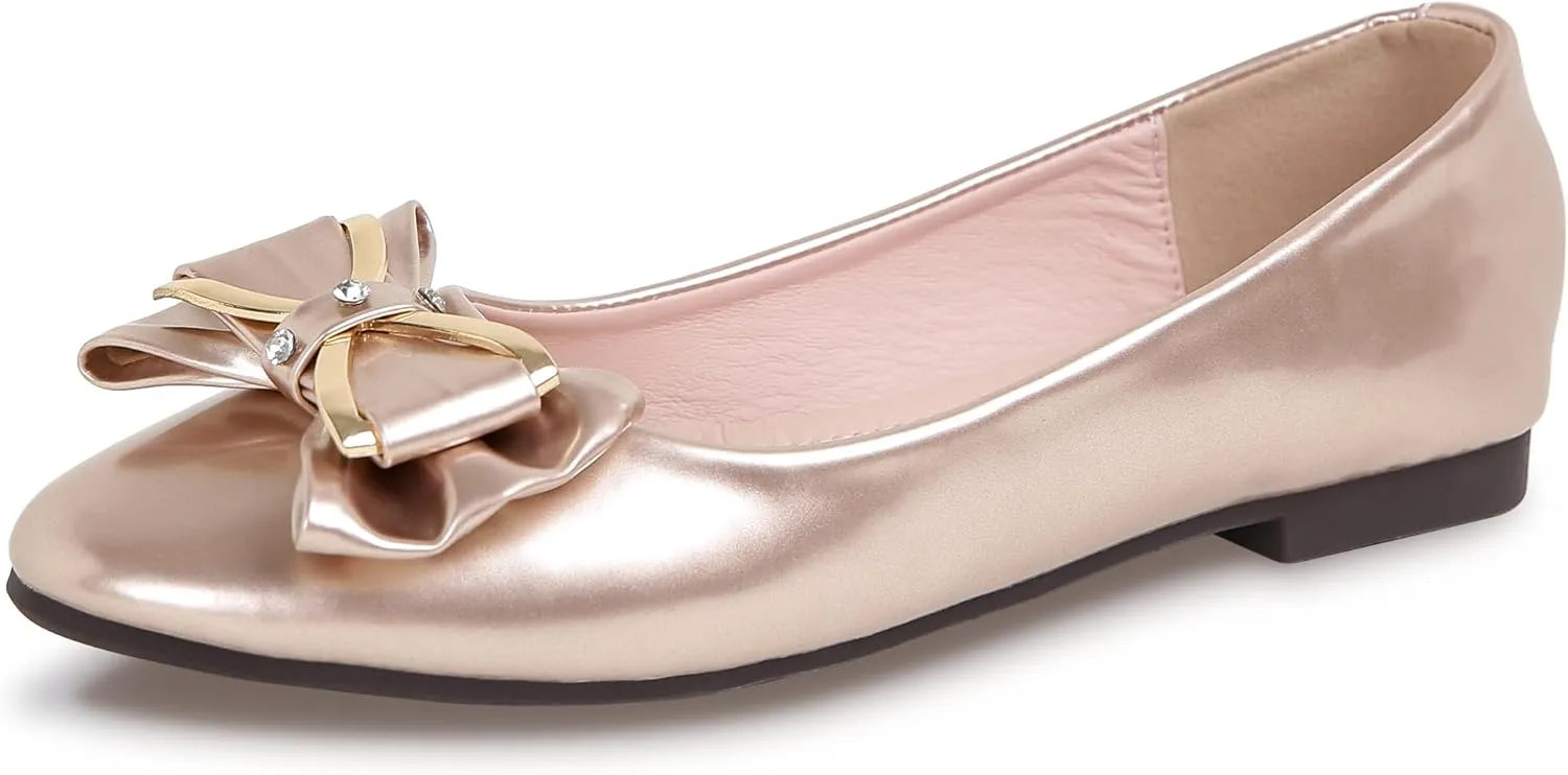 Women's Round Toe Leather Flats Cute Bow Ballet Flats Dress Shoes Comfort Slip on Flat Shoe