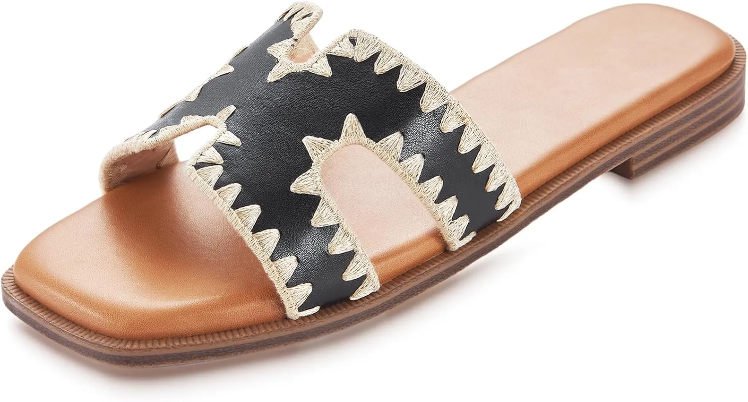 Womens Sandals Slip On Fashion Flat Sandals Soft Memory Foam Slides Comfortable Leather Open Toe Slide For Summer Dressy 2025