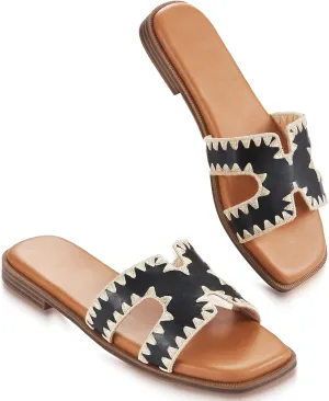 Womens Sandals Slip On Fashion Flat Sandals Soft Memory Foam Slides Comfortable Leather Open Toe Slide For Summer Dressy 2025