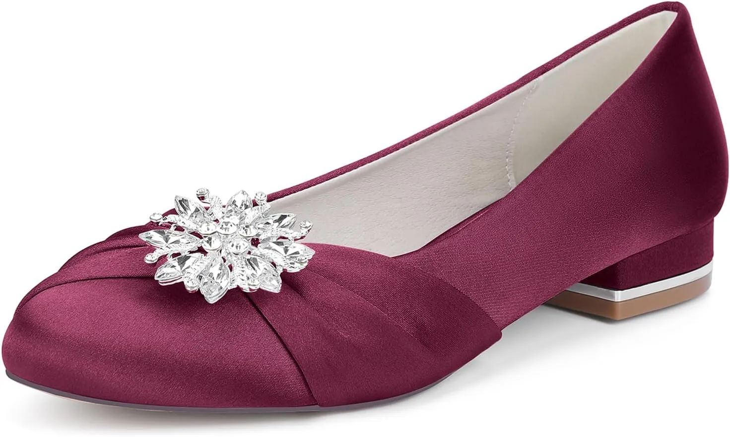Women's Satin Bridal Shoes Rhinestone Ballet Flats Closed Toe Heel Dress Pumps Round Toe Slip on Wedding Party Court Shoes