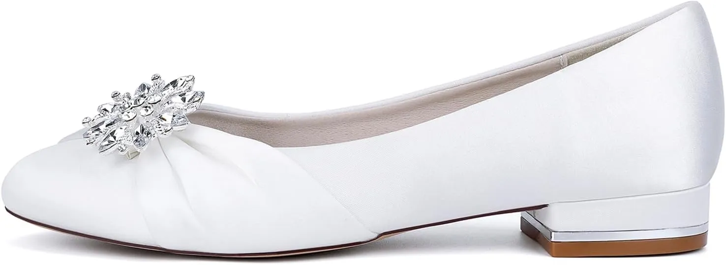 Women's Satin Bridal Shoes Rhinestone Ballet Flats Closed Toe Heel Dress Pumps Round Toe Slip on Wedding Party Court Shoes