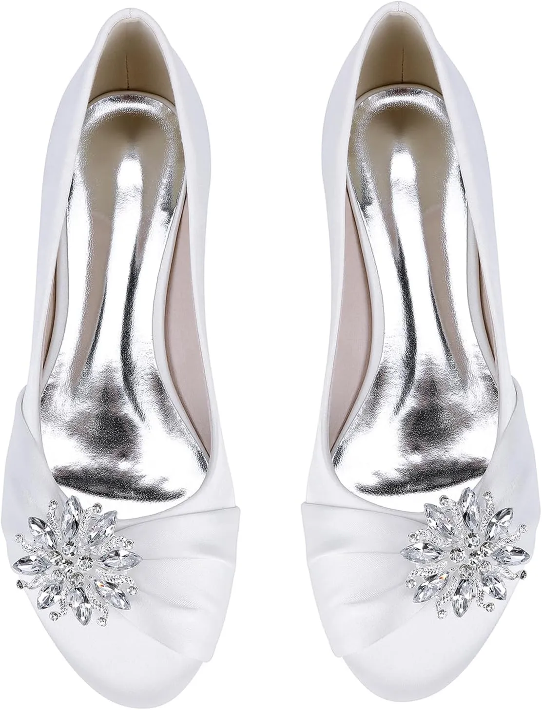 Women's Satin Bridal Shoes Rhinestone Ballet Flats Closed Toe Heel Dress Pumps Round Toe Slip on Wedding Party Court Shoes