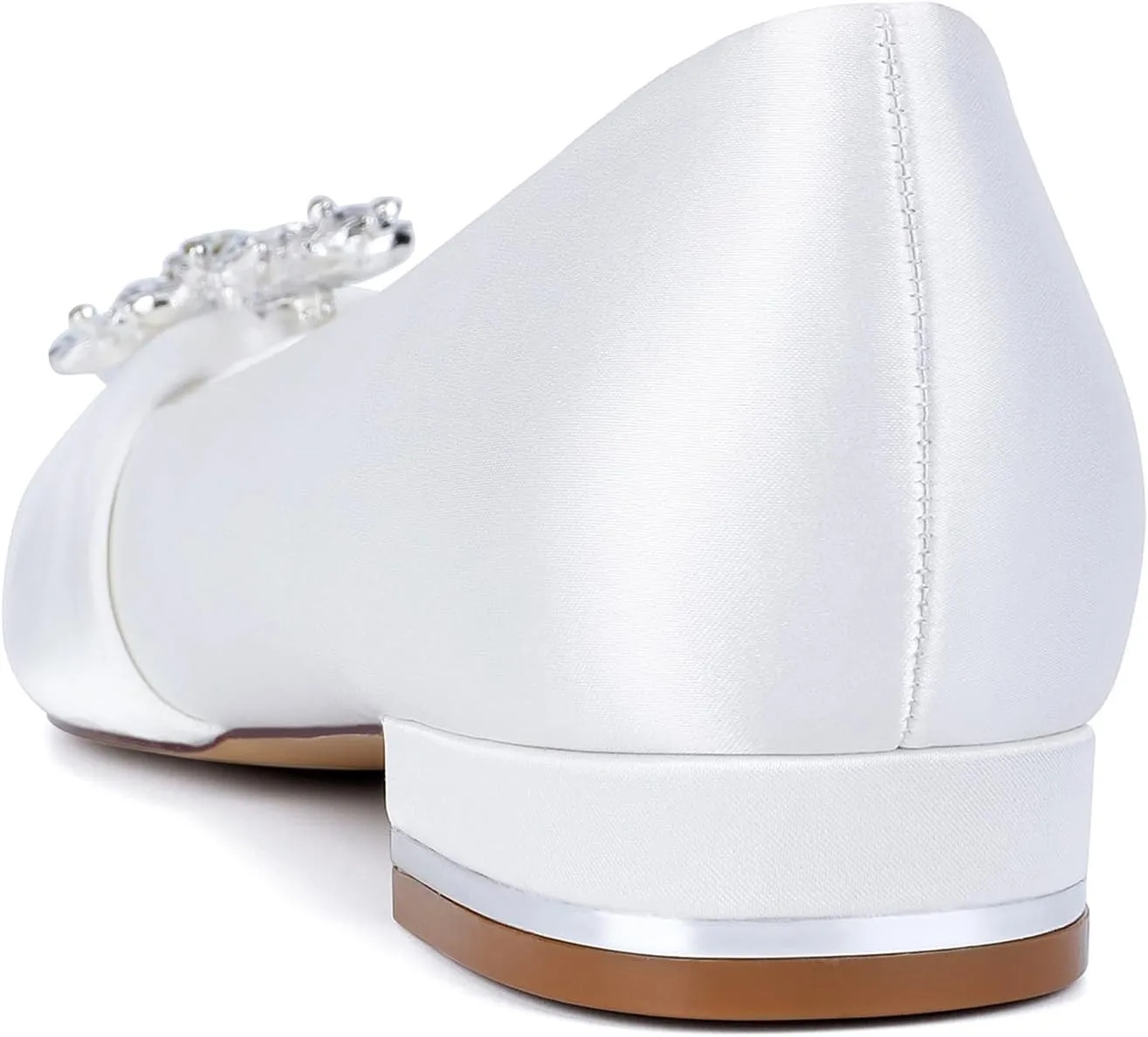 Women's Satin Bridal Shoes Rhinestone Ballet Flats Closed Toe Heel Dress Pumps Round Toe Slip on Wedding Party Court Shoes