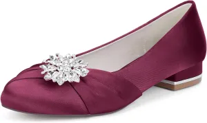 Women's Satin Bridal Shoes Rhinestone Ballet Flats Closed Toe Heel Dress Pumps Round Toe Slip on Wedding Party Court Shoes