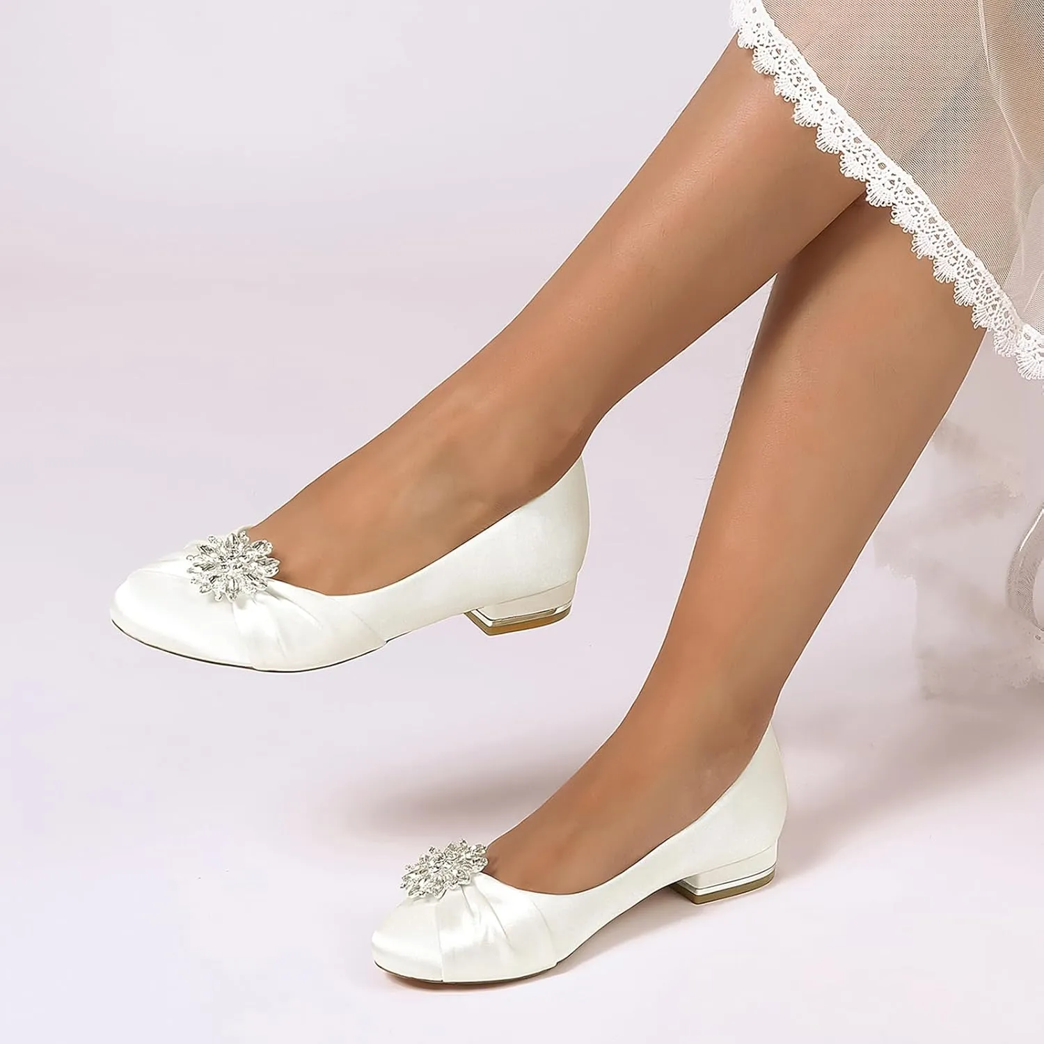 Women's Satin Bridal Shoes Rhinestone Ballet Flats Closed Toe Heel Dress Pumps Round Toe Slip on Wedding Party Court Shoes