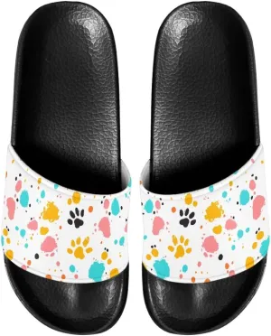 Womens Slide Sandals Indoor Outdoor Sandals Slippers Lightweight Soft Shower Slippers Ink Jet Dog Paw Pattern