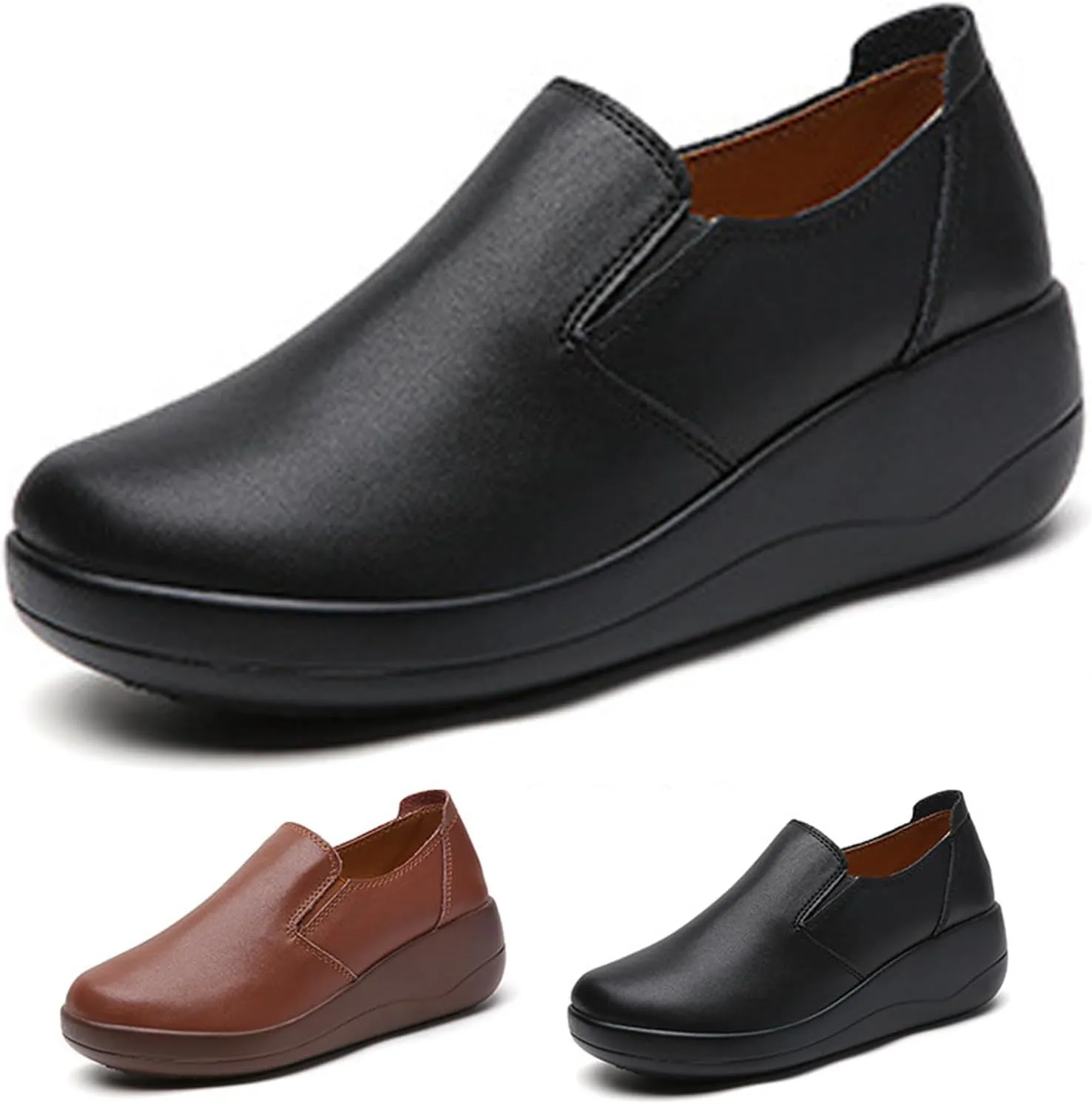 Women's Slip On Loafer Leather Comfort Casual Platform Shoes Non-Slip Platform Wedge Sneakers Comfort Lightweight Soft Sole Low Top Walking Shoes Work Nurse Shoes