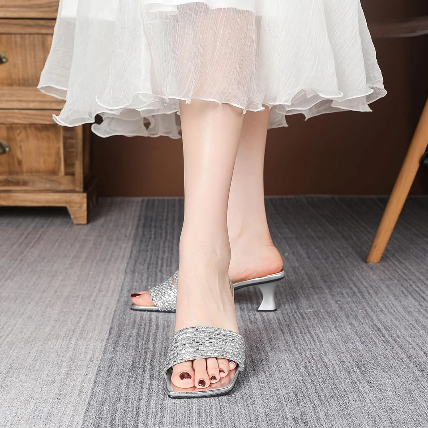 Women's Sparkly Rhinestone Strappy kitten Heel Sandals Fashion Square Open Toe Slip-On Mid Heel Dress Slides Sandals Sexy Non-Slip Daily Slides