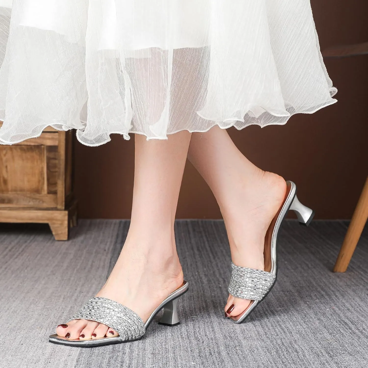 Women's Sparkly Rhinestone Strappy kitten Heel Sandals Fashion Square Open Toe Slip-On Mid Heel Dress Slides Sandals Sexy Non-Slip Daily Slides