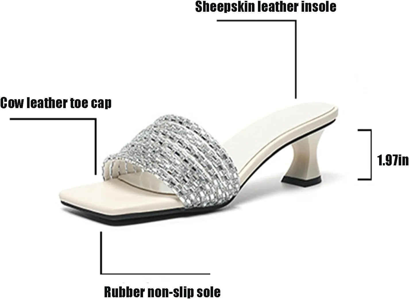 Women's Sparkly Rhinestone Strappy kitten Heel Sandals Fashion Square Open Toe Slip-On Mid Heel Dress Slides Sandals Sexy Non-Slip Daily Slides