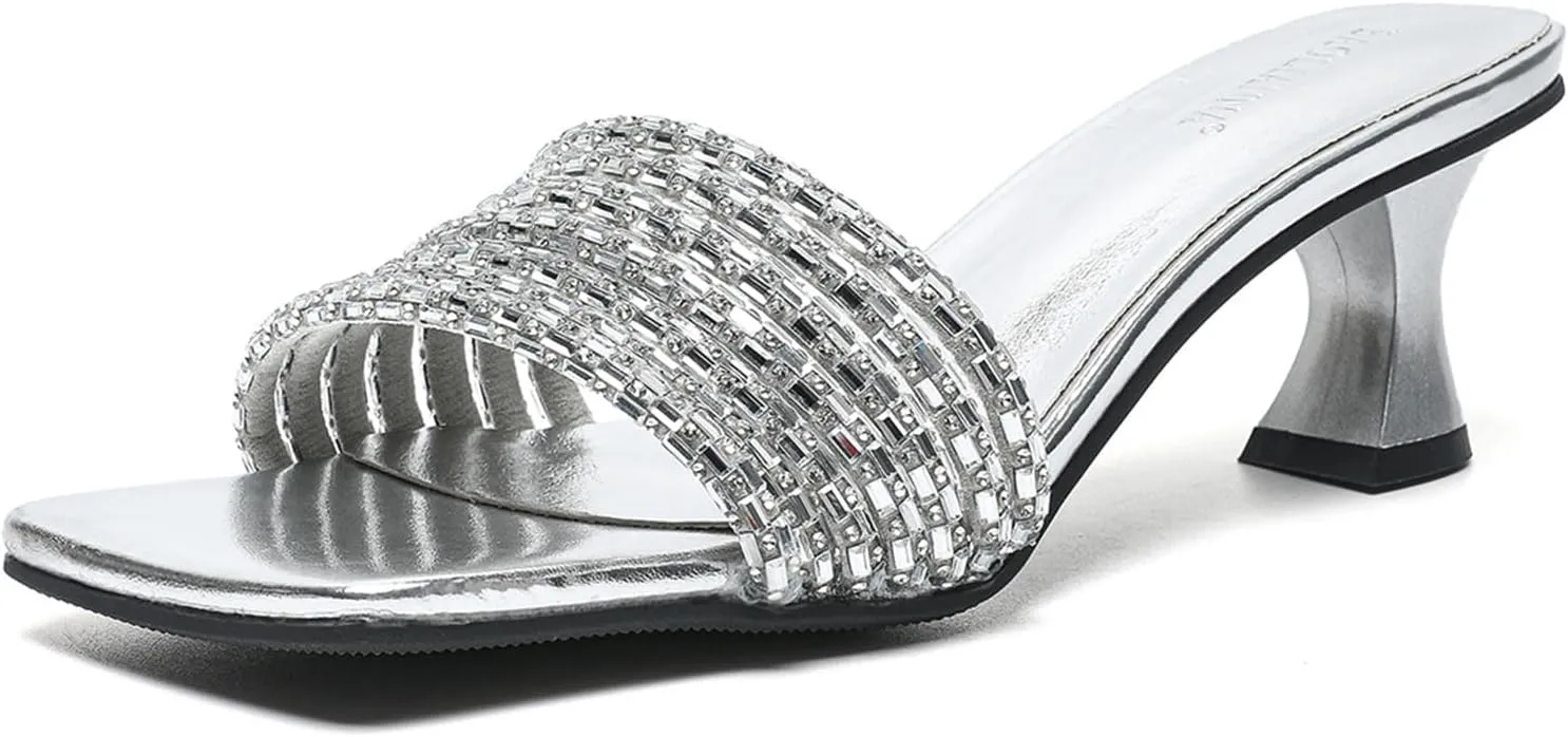 Women's Sparkly Rhinestone Strappy kitten Heel Sandals Fashion Square Open Toe Slip-On Mid Heel Dress Slides Sandals Sexy Non-Slip Daily Slides