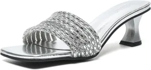 Women's Sparkly Rhinestone Strappy kitten Heel Sandals Fashion Square Open Toe Slip-On Mid Heel Dress Slides Sandals Sexy Non-Slip Daily Slides