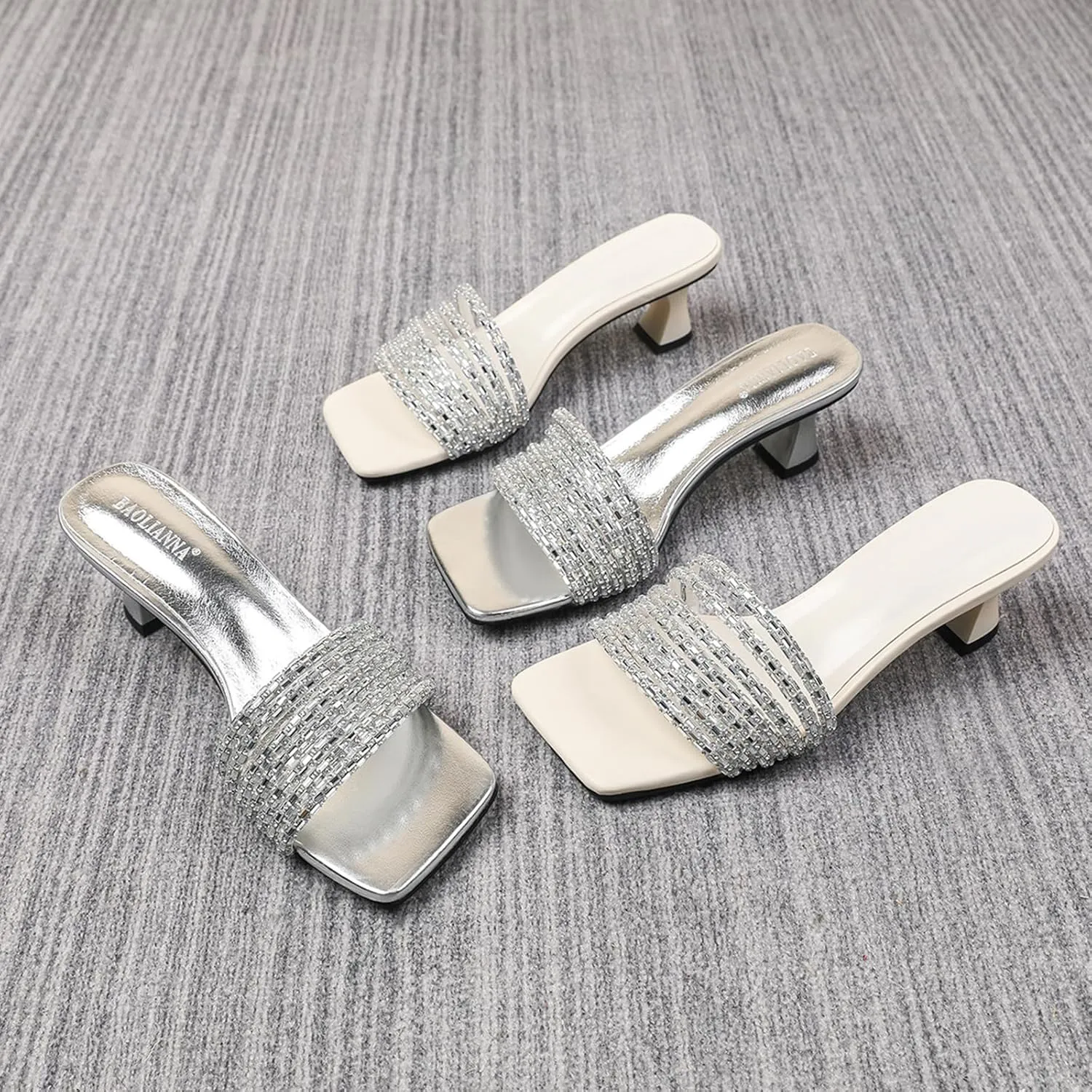 Women's Sparkly Rhinestone Strappy kitten Heel Sandals Fashion Square Open Toe Slip-On Mid Heel Dress Slides Sandals Sexy Non-Slip Daily Slides