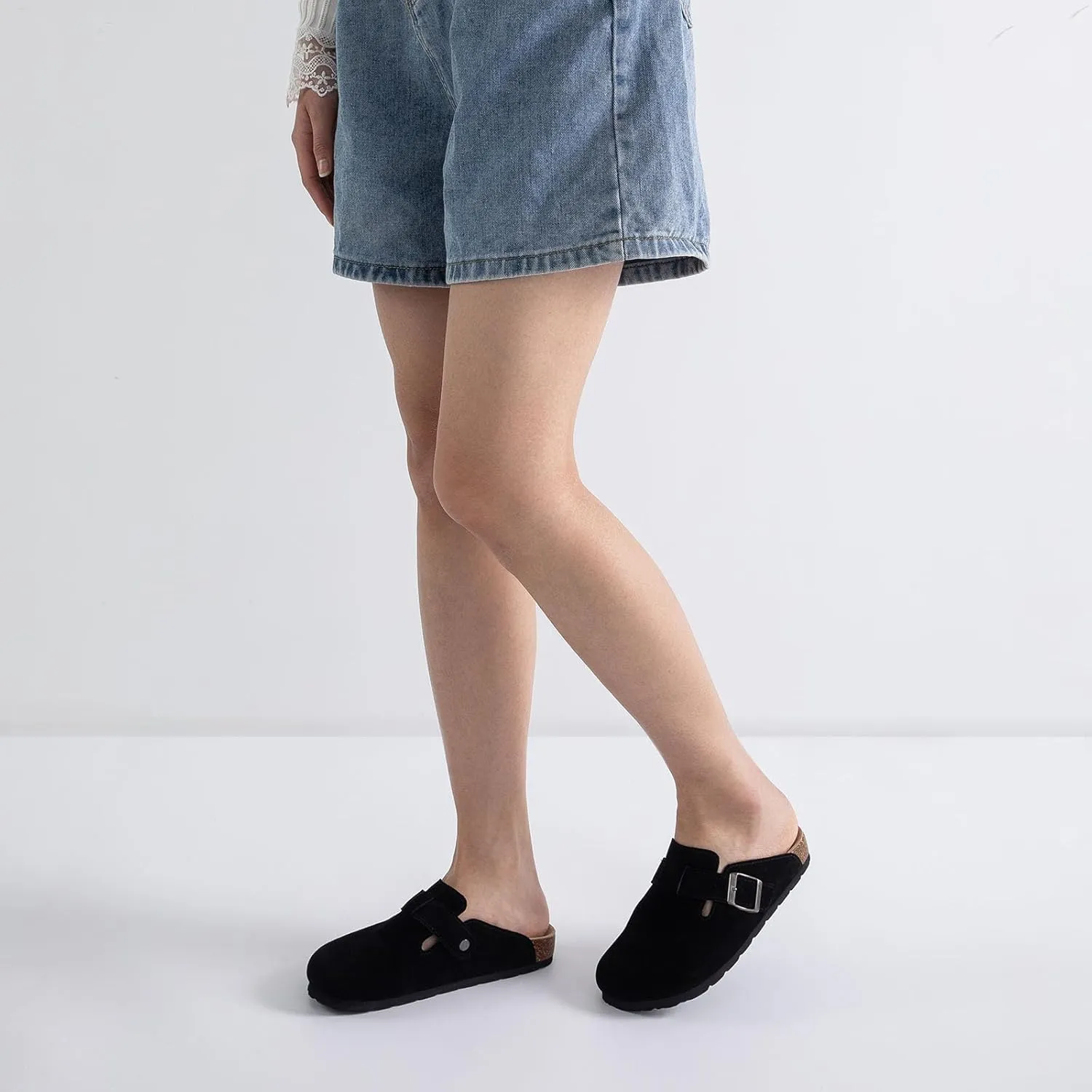 Women's Suede Clogs Cork Footbed Clogs for Women Soft Leather Adjustable Buckle Slip-on Potato Shoes Sandals