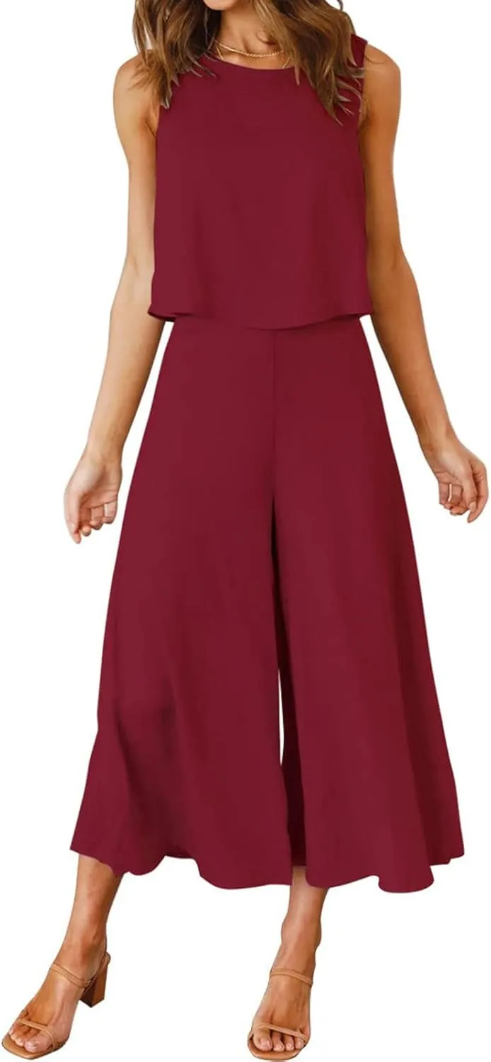 Women's Summer 2 Piece Outfits Sleeveless Crop Top Flowy Wide Leg Capri Pants Matching Sets Vacation Travel Clothes