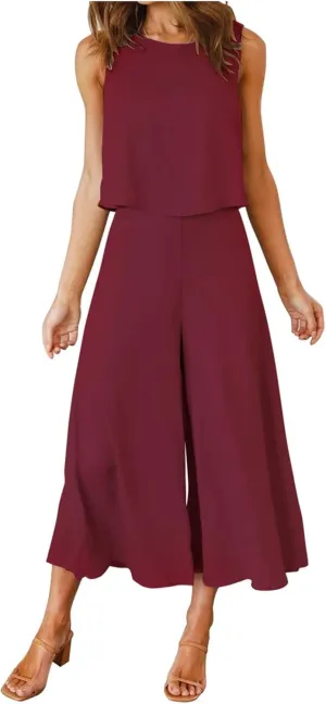Women's Summer 2 Piece Outfits Sleeveless Crop Top Flowy Wide Leg Capri Pants Matching Sets Vacation Travel Clothes