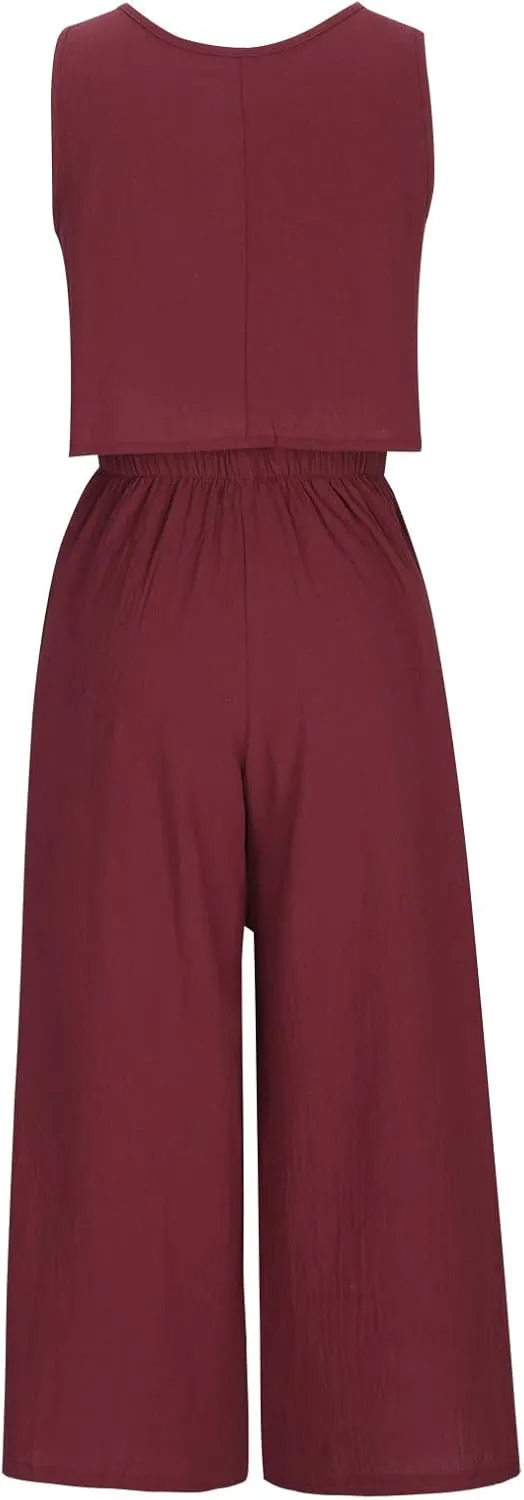 Women's Summer 2 Piece Outfits Sleeveless Crop Top Flowy Wide Leg Capri Pants Matching Sets Vacation Travel Clothes