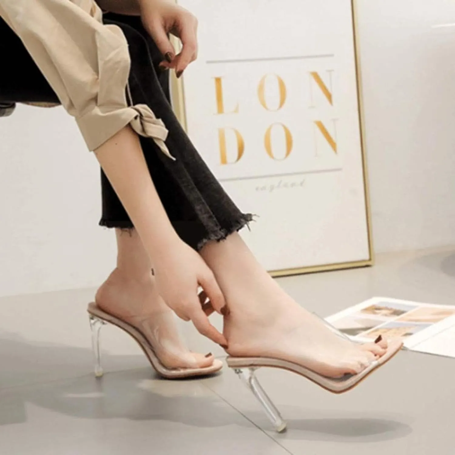 Women's Summer High-heeled with Exposed Toes and Jelly Pump Transparent Slippers