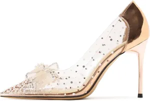 Women's Transparent Rhinestone Stiletto Pumps Sexy Pointed Toe Slip On Business Office Non-Slip Dress Shoes for Party Prom Wedding