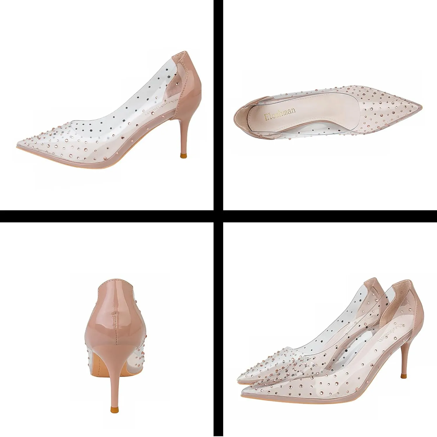 Women's Transparent Rhinestone Stiletto Pumps Sexy Pointed Toe Slip On Business Office Non-Slip Dress Shoes for Party Prom Wedding