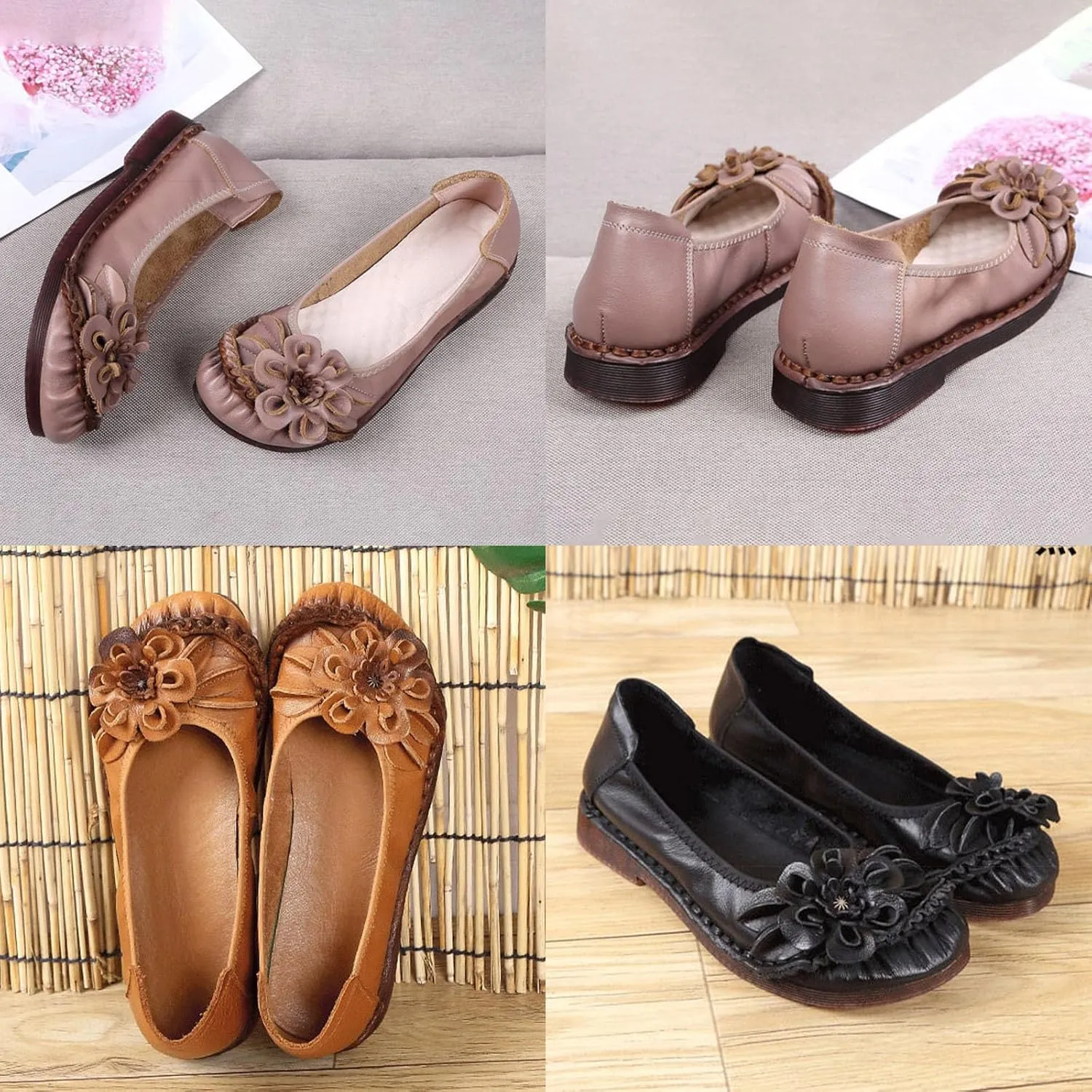 Women's Vintage Flower Leather Slip On Ballet Flats,Lightweight Comfort Non-Slip Ox Softsole Casual Dressy Pumps