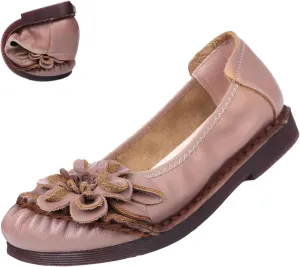 Women's Vintage Flower Leather Slip On Ballet Flats,Lightweight Comfort Non-Slip Ox Softsole Casual Dressy Pumps