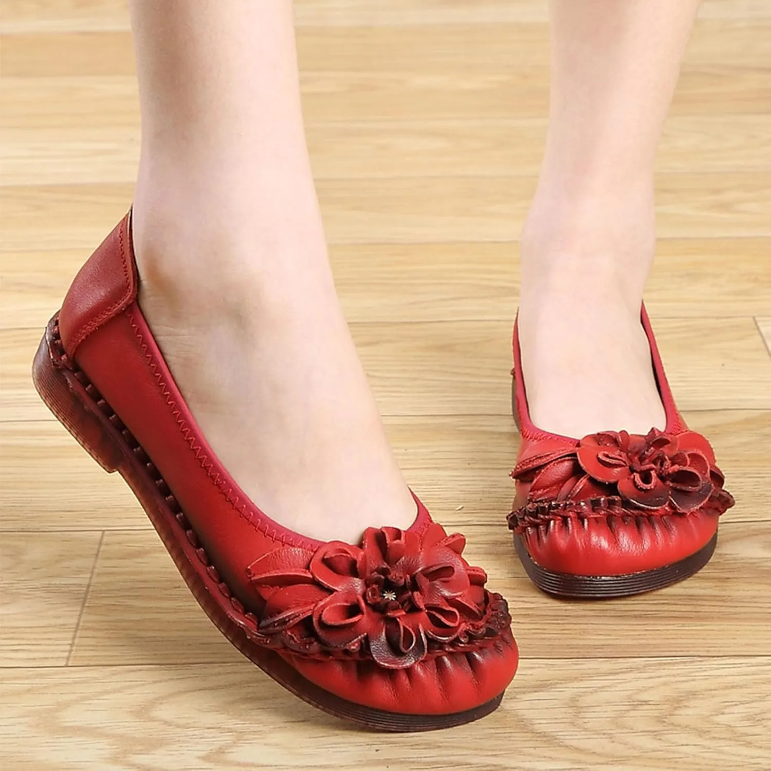 Women's Vintage Flower Leather Slip On Ballet Flats,Lightweight Comfort Non-Slip Ox Softsole Casual Dressy Pumps