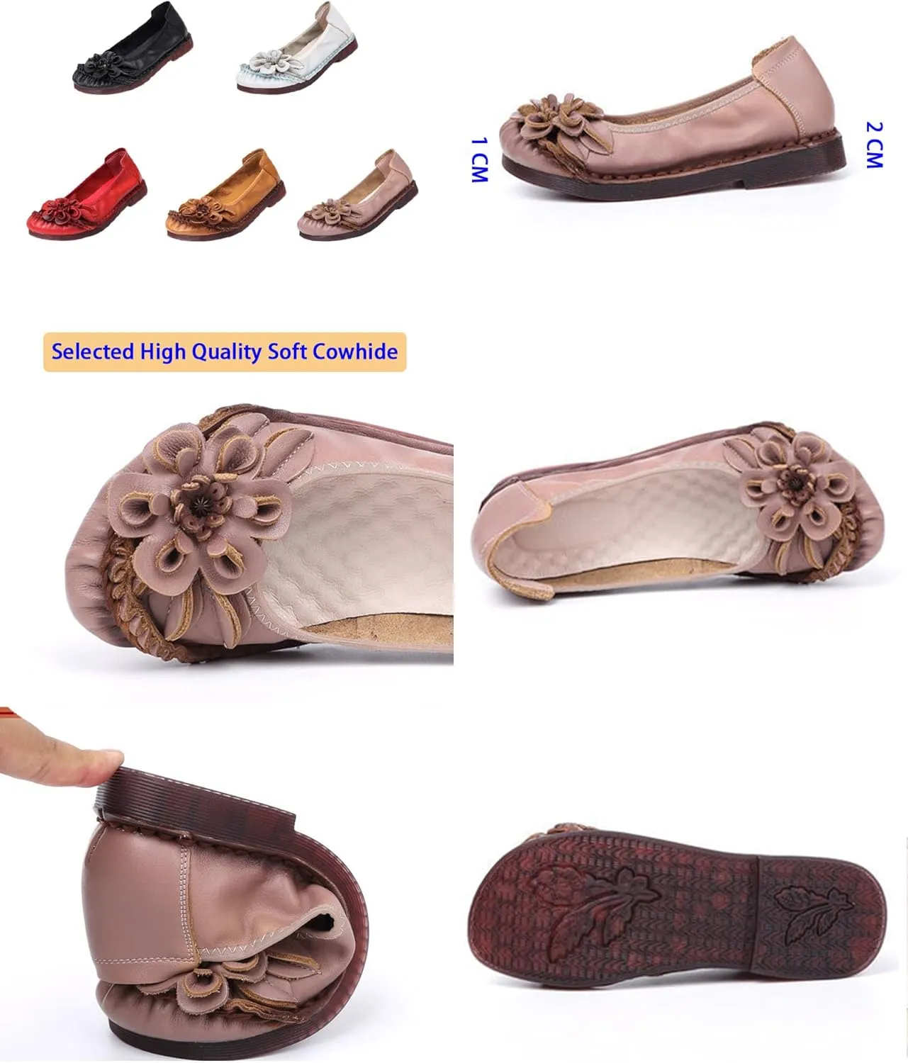 Women's Vintage Flower Leather Slip On Ballet Flats,Lightweight Comfort Non-Slip Ox Softsole Casual Dressy Pumps