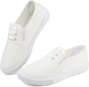 Womens White Canvas Sneakers Lightweight Lace Up Fashion Comfortable Canvas Shoes Low Top Slip On Casual Tennis Walking Shoes Women Footwear