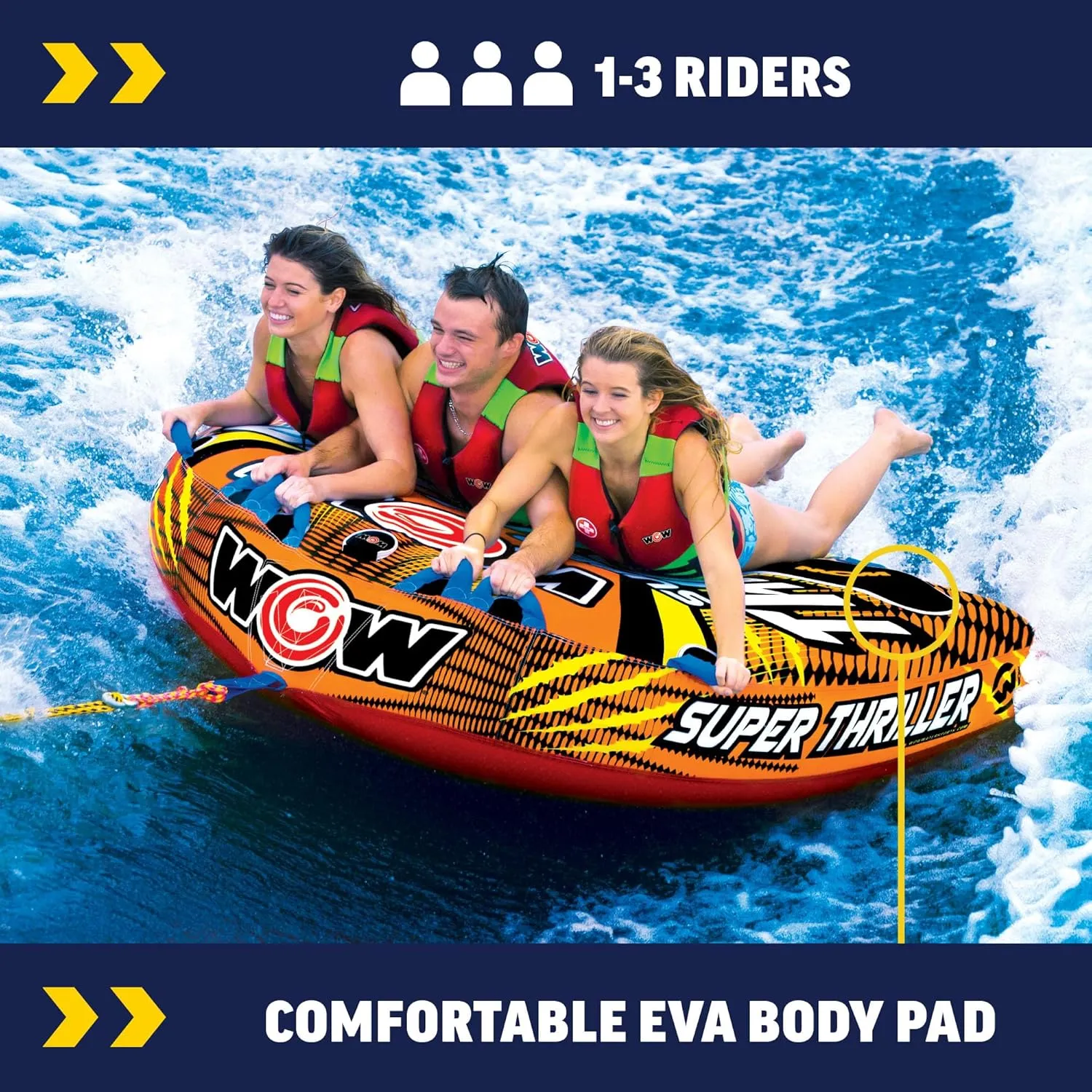 WOW Sports Thriller Towable Deck Tube for Boating Adults, Tubing Boat Inflatable for Water Sports