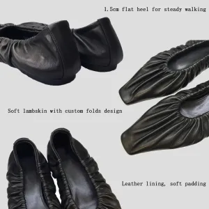 Wrinkled Leather Ballet Flats for Women's Shallow Mouth Flat Shoes Casual Comfort Soft Slip On Dressy Ballet Flats for Office Work Shoes