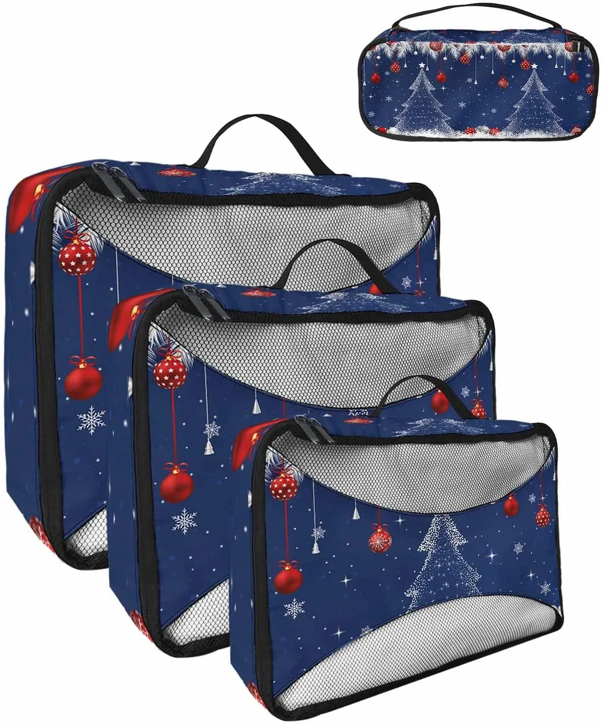 Xmas Red Christmas Ball White Pine Tree 4 Set Packing Cubes, Winter Cedar Leaf Snow Navy Packing Cubes for Carry on Suitcase Travel Essential Bag for Clothes Shoes Cosmetics Toiletry